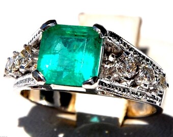GIA GG Certified Appraised Art Deco 18KT 2.71 CT Colombian Emerald 0.46 ct Diamond Ring