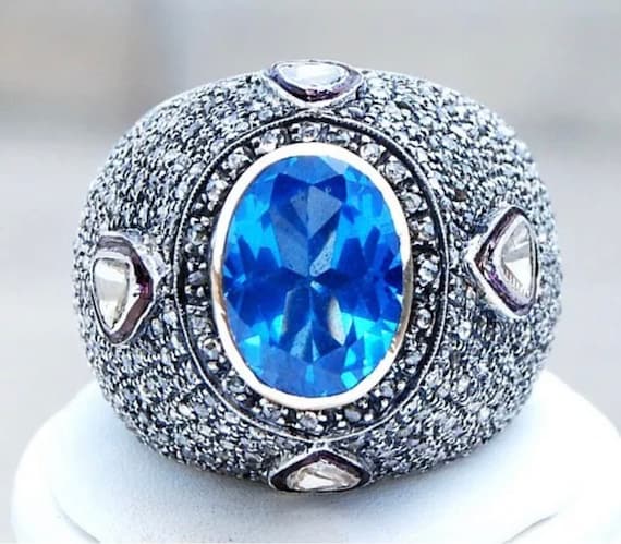 巨大なヴィンテージ 14KT カスタムカット ブルー トパーズ 