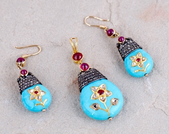 Rare Vintage 23KT 14kt Gold & Sterling Silver Ruby Diamond Mughal Sleeping Beauty Turquoise Pendant Earrings Set