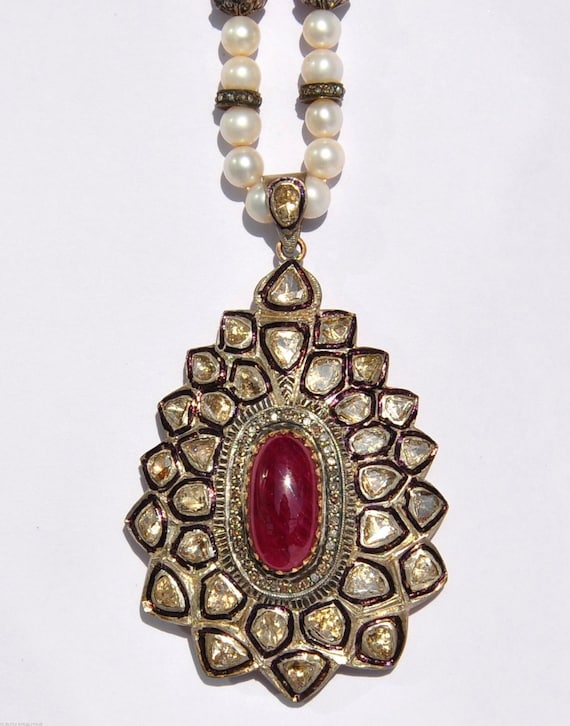 Huge Ruby Diamond Pendant Mughal Victorian Necklac