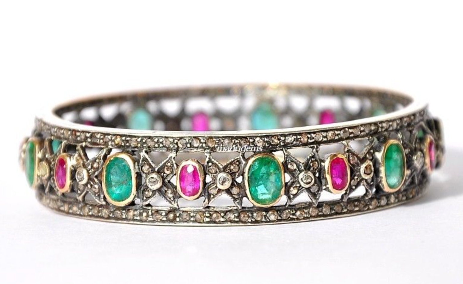 Fabulous Vintage 14kt Gold Silver Ruby Emerald Diamond Bangle - Etsy