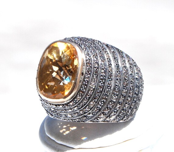 Huge Vintage 14KT Golden Topaz Diamond Dome Victo… - image 3