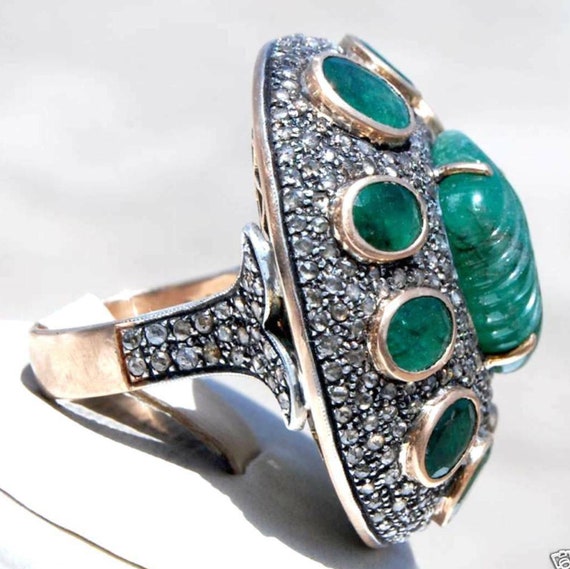 Huge Vintage 14KT Natural Carved Emerald Diamond … - image 3