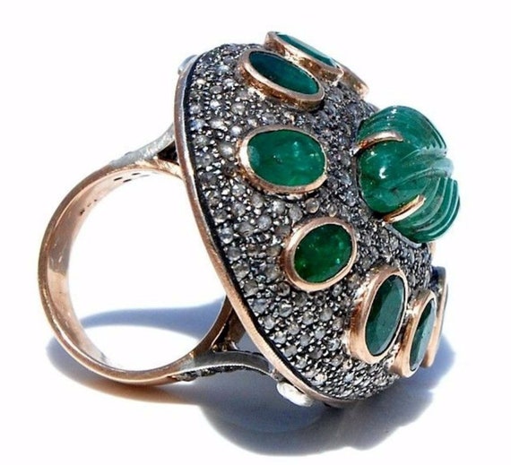 Huge Vintage 14KT Natural Carved Emerald Diamond … - image 6