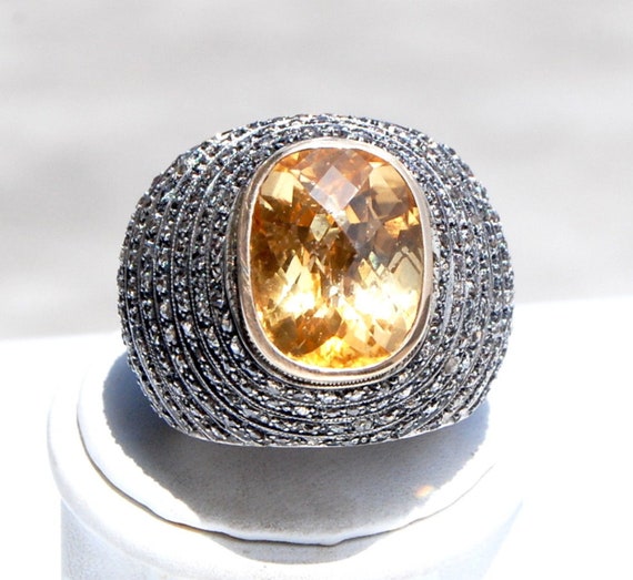 Huge Vintage 14KT Golden Topaz Diamond Dome Victo… - image 1