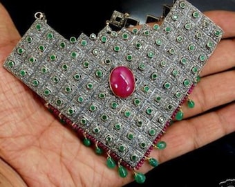 Huge 14KT Art Deco Colombian Emerald Ruby Diamond necklace, Handmade