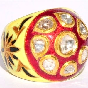 Vintage 23KT Diamond Rare Yellow Red Enamel Mughal Ring
