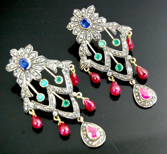 Stunning 14KT Natural Ruby Diamond Blue Sapphire … - image 1