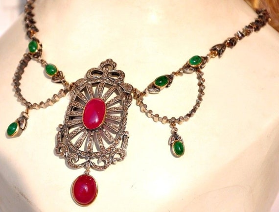 Stunning Vintage 14KT Emerald Ruby Diamond Victor… - image 7