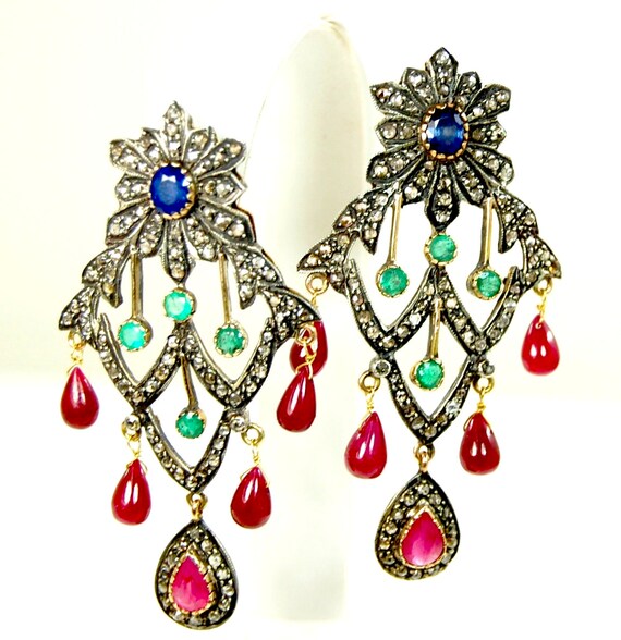 Stunning 14KT Natural Ruby Diamond Blue Sapphire … - image 2