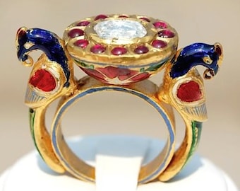 Anillo antiguo de pavo real indio mogol con diamante solitario de 2 quilates en oro de 22 kt