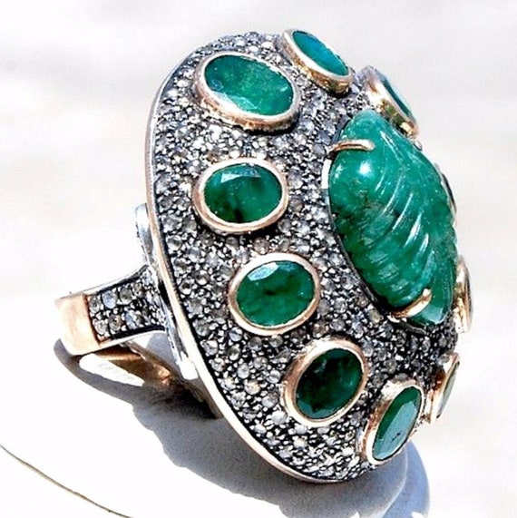 Huge Vintage 14KT Natural Carved Emerald Diamond … - image 2