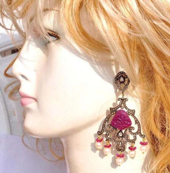 Huge 14KT Vintage Carved African Ruby Diamond Pea… - image 4