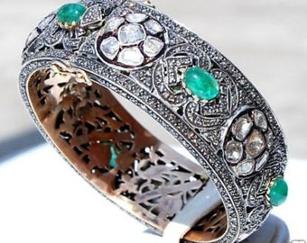 Vintage Natural Colombian Emerald Polky Diamond Mughal Victorian 14kt Bangle