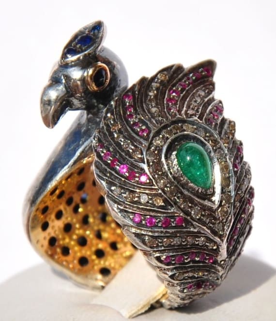 Stunning 14kt Ruby Emerald Sapphire Diamond Peacoc