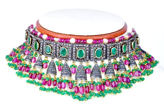 14Kt Victorian Gold and Silver emerald ruby diamo… - image 3