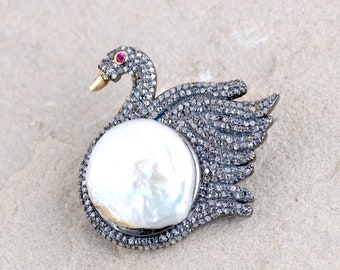 Vintage oro de 14kt y plata esterlina madre de pearl diamond ruby cisne victoriano broche colgante