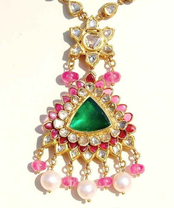 22KT Gold Old Burma Ruby Diamond Chain Pearl Mugha