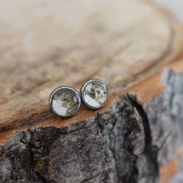 Natural Birch Bark Earrings, 8mm earring studs,Surgical Steel earring posts,nature lovers, canadian gifts,outdoorsy gifts, found object art,