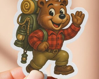 Adesivo con orso dei cartoni animati per escursioni, decalcomania con animali dei cartoni animati, orso per avventure nella natura selvaggia, regalo per attività all'aperto, arte con orso per escursioni, adesivo con personaggio divertente