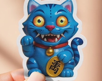 Derpy tiger Sticker, Funny Lucky Cat Vinyl Sticker, Asian Inspired Art Decal, Cute Sticker Gifts, Maneki-neko blue cat, Japanese anime decal