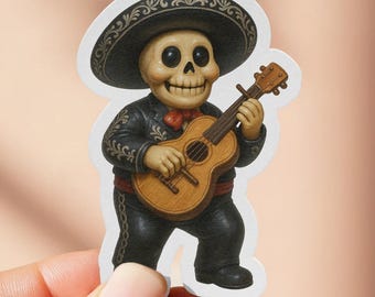 Mariachi Skeleton Playing Guitarron Sticker, Dia de los Muertos Vinyl Decal, Cinco de Mayo Decoration, Mexican Guitar Player Calavera Gift