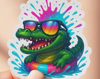 Cool Crocodile Sticker, Sunglasses Gator Vinyl Decal, Pool Float Alligator Laptop Stickers, Funny Reptile Gifts, Summer Vacation Stickers