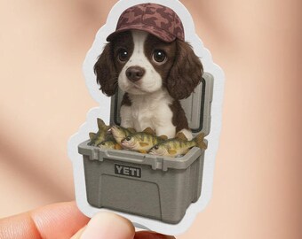 Springer Spaniel Fishing Sticker, Cute Dog in Cooler Decal, Funny Pet Lover Gift, Puppy Sticker, Dog Breed Stickers, Spaniel Lover Gift