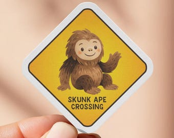 Skunk Ape Crossing Sticker, Cute Cryptozoology Decal, Funny Road Sign Sticker, Sasquatch Gift, Bigfoot Water Bottle Waterproof Sticker