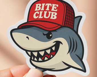 Adesivo squalo Bite Club, adesivo squalo cartone animato con cappello da camionista, adesivo divertente e alla moda, regalo per gli amanti degli squali, regalo di Natale