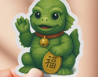 Swamp Monster Maneki Neko Sticker, Lucky Cat Inspired Creature Decal, Laptop Sticker, Cute Green Monster Sticker, Halloween Monster decal