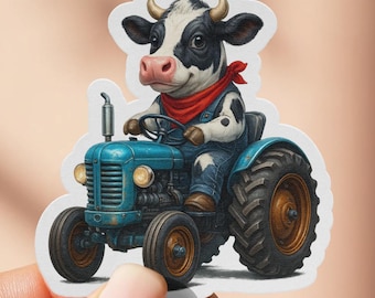 Dairy Cow on Tractor Sticker, Funny Farm Animal Sticker, Cute Cartoon Cow, Tractor Driver, Countryside Decor, Farmers Gift, Farming Sticker