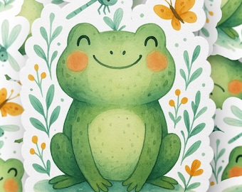 Cute Frog Sticker, Dragonfly and Butterfly Decal, Smiling Frog Vinyl Sticker, Nature Lover Decal, Water Bottle Sticker, Frog Laptop