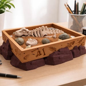May include: A dinosaur fossil excavation kit with a wooden frame, sand, and small rocks. The kit includes a dinosaur skeleton, and is set on a brown, rock-like base. A pen, notebook, and glasses are in the foreground.