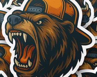 Angry Bear Mascot Sticker, Bear in Backwards Cap Decal, Cool Bear Mascot Stickers, Hipster Bear Sticker, Funny Bear Gift, Football Car Decal