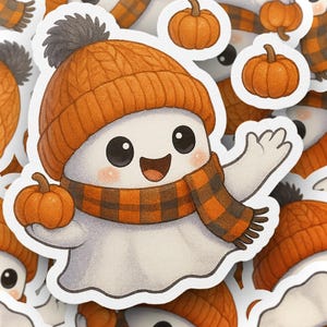 Puede incluir: Conjunto de pegatinas con un simpático fantasma de dibujos animados. El fantasma lleva un gorro de punto naranja, una bufanda a cuadros y sostiene una pequeña calabaza. Ideales para otoño y Halloween.