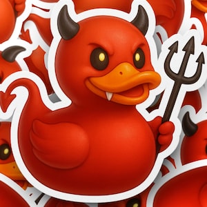 May include: A collection of red devil duck stickers. Each sticker features a cartoon duck with black horns, a pitchfork, and an angry expression. The ducks have orange beaks and white fangs.