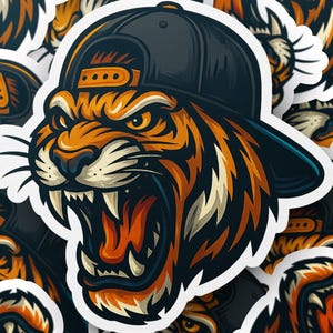 Tiger Mascot in Cap Sticker, Cool Tiger Sticker, Bengal Tiger Art, Tiger Graphic Decal, Roaring Tiger Head Sticker, Bengal Tiger Sticker