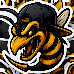 May include: A sticker featuring a cartoon illustration of an angry wasp wearing a black baseball cap. The wasp is yellow and black with sharp teeth and a menacing expression. The sticker has a white border.