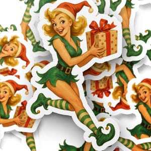 Retro Elf Pinup Sticker, Vintage Christmas Decal, Girl Elf Holding Present Vinyl, Holiday Cheer Decal, Funny Xmas Sticker, Sexy Girl sticker