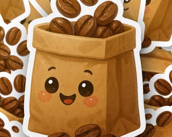 Cute Coffee Beans Sticker, Kawaii Coffee Bag Decal, Smiling Coffee Beans Waterproof Sticker, Funny Laptop Decal, Coffee Lover Gift