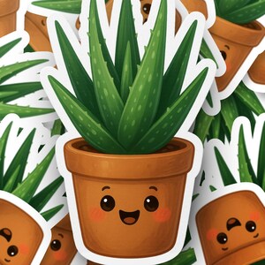 May include: A collection of stickers featuring a cartoon aloe vera plant in a terracotta pot. The aloe vera has green, spiky leaves. The pot has a smiling face. The stickers are on a white background.