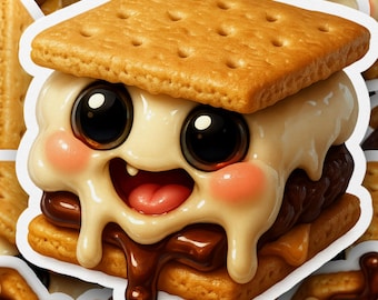 May include: A whimsical sticker featuring a smiling s'more character. The s'more has large, expressive eyes, rosy cheeks, and a happy expression. The graham cracker is golden brown, the marshmallow is creamy white, and the chocolate is a rich brown.