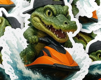 Alligator on a Jet Ski Sticker, Cartoon Alligator decal, Funny Cute Gator Aticker, Watersports Sticker, Cool Gator Art, Reptile Art Decal