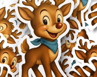 Cute Reindeer Sticker, Cartoon Retro Deer Decal, Cute deer Vinyl Sticker, Holiday Animal Sticker, Smiling Deer Laptop Decal, Kid Christmas