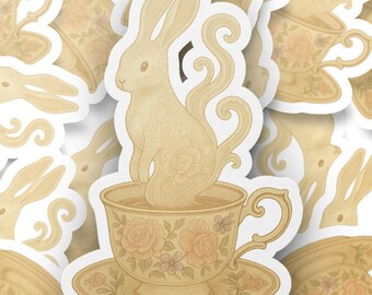 Rabbit in Teacup Sticker, Bunny Decal, Whimsical Teacup Art Sticker, Floral Teacup Waterproof Decal, Cute Rabbit Gift, Vintage Tea Sticker