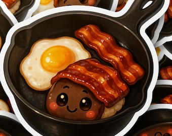 Adesivo per la colazione carina, adesivo per la colazione kawaii in padella di ghisa, adesivo per uova e pancetta, adesivo per padella per la colazione, adesivo per laptop