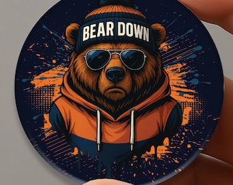 Bear Down Metal Pin back Button, Cool Bear Mascot Badge, Fun Bear Pin, Hipster Bear Button, Small Gift idea, Backpack pin, Funny Animal Pin