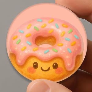 May include: A round, pink popsocket featuring a cartoon donut design. The donut has pink frosting with colorful sprinkles and a smiling face. The popsocket is held in a hand against a gray background.