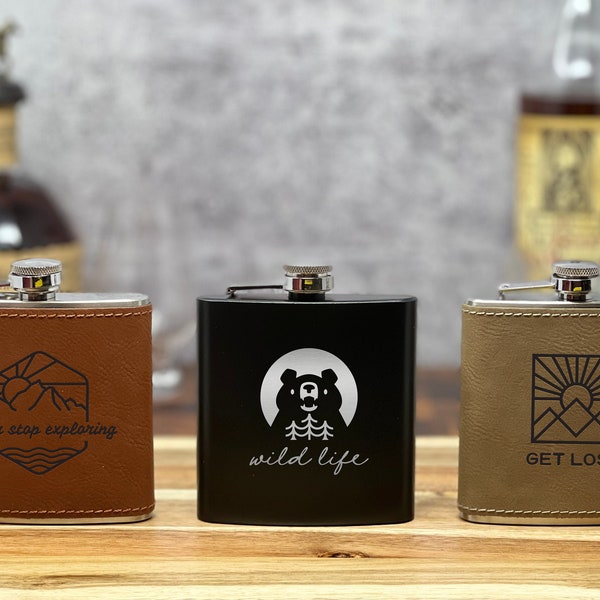 Leather Engraved Flask , Unique Groomsman Gift , Gift under 20 , The Great Outdoors flask , Camping Trip flask , Lake Bachelor Party favors